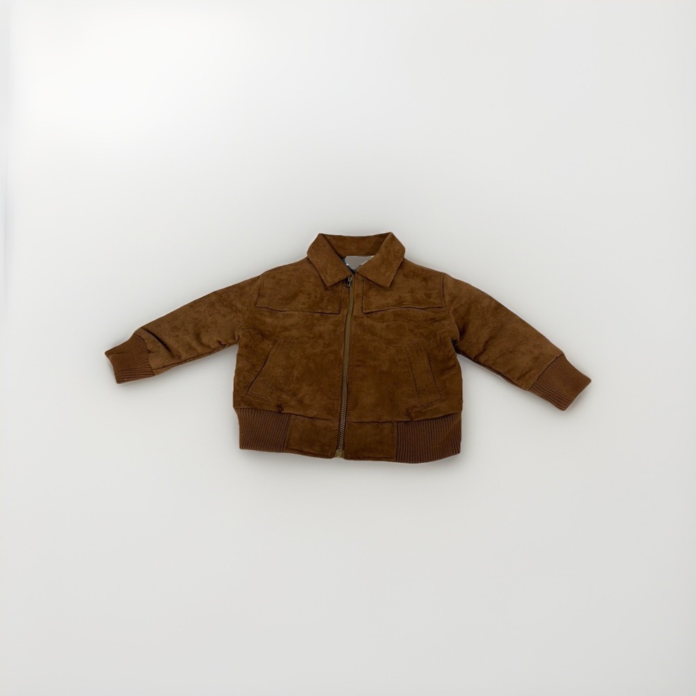 OshKosh Size 18 M Baby Boy Brown Full Zip Pocket Faux Leather Bomber Jacket P82